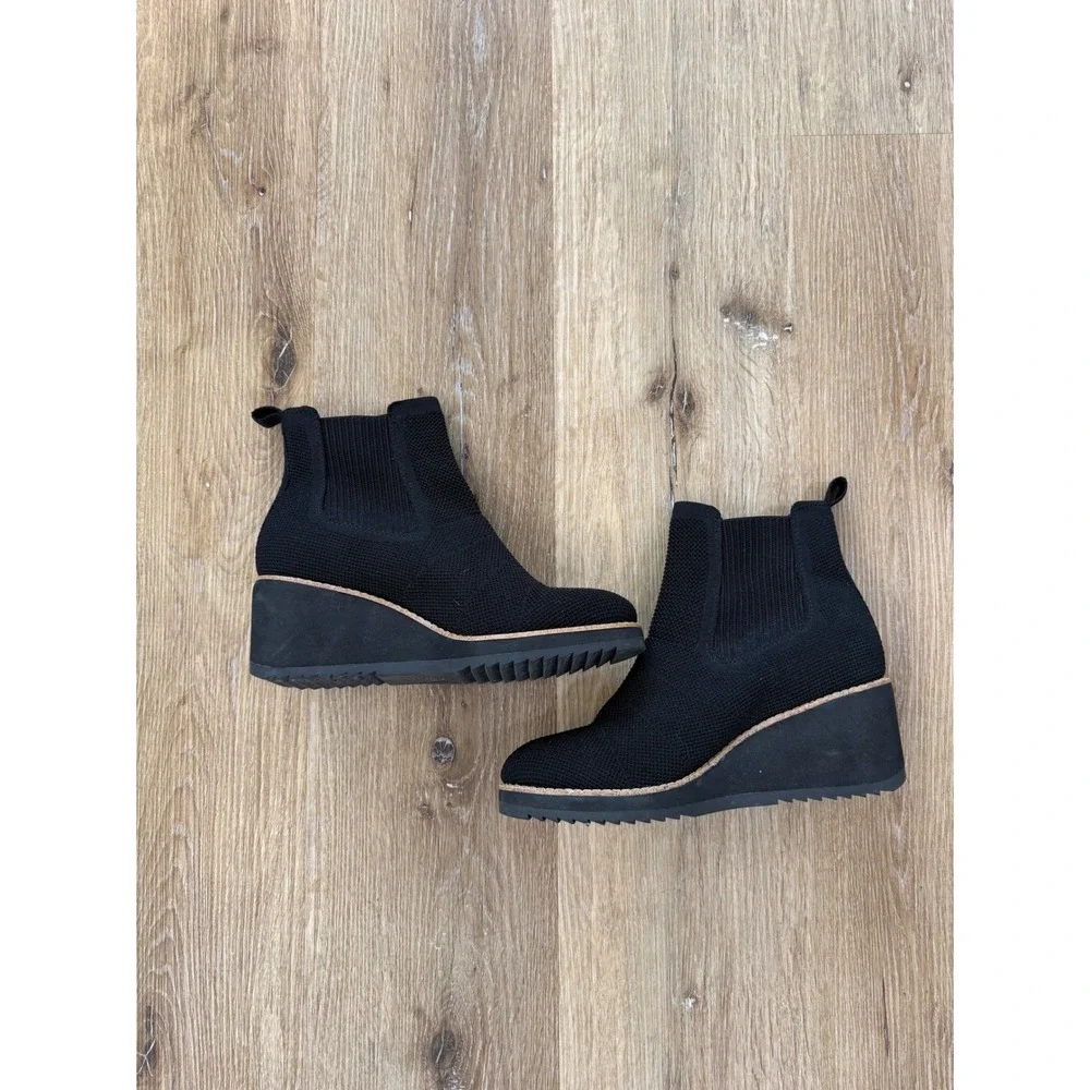 Sofft Minimalist Wedge Ankle Boots Women 8.5 Black Knit Textile Leather Sock